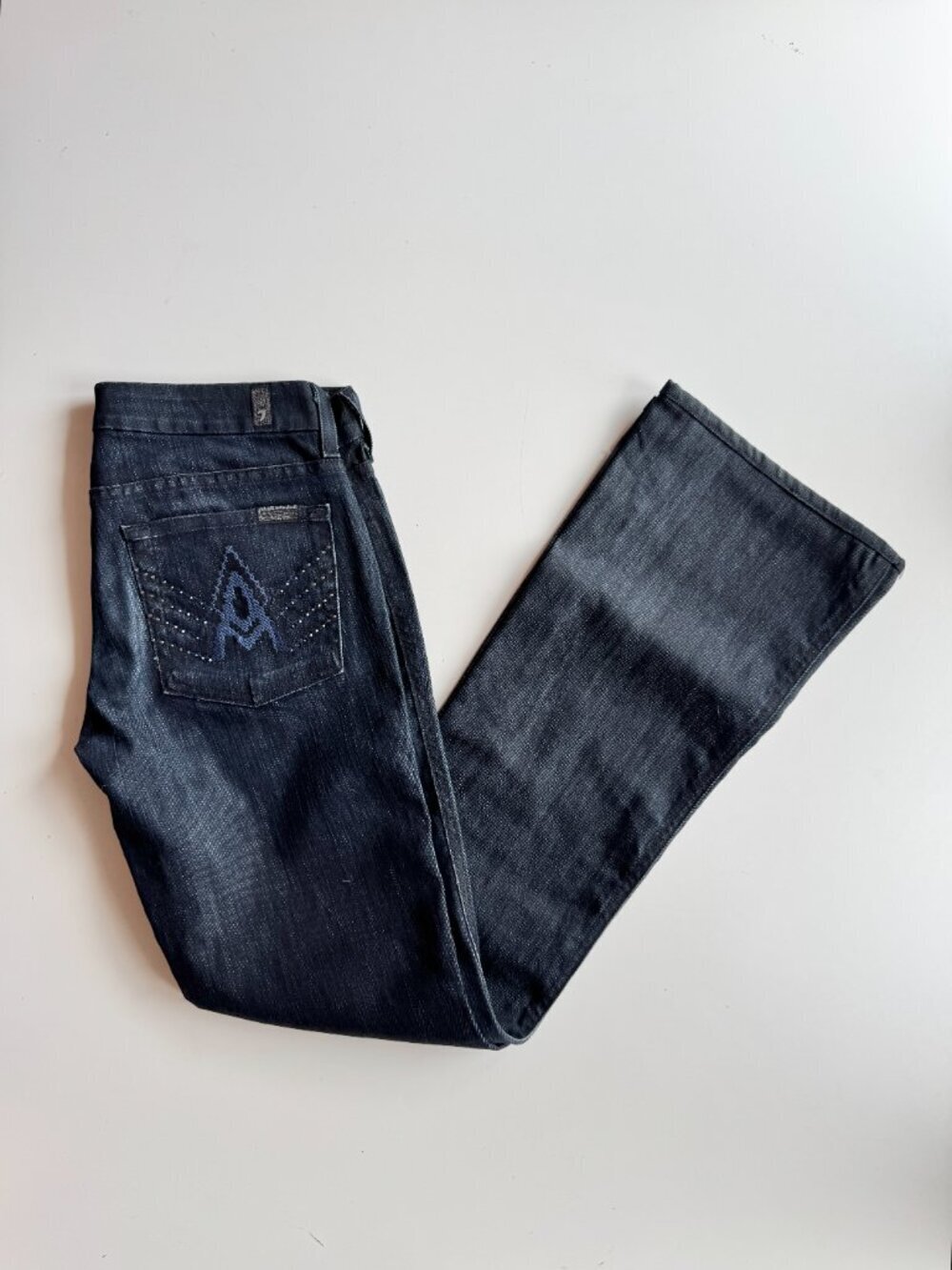 7 FOR ALL MANKIND Dark Rinse Embroidered Crystal "A" Pocket FlaredJeans, Size 27